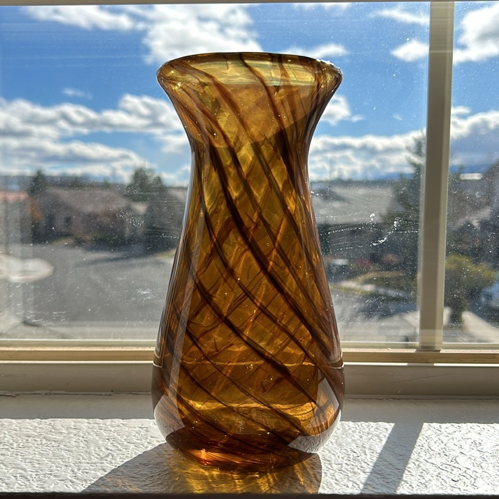Heavy Murano Style Italian Art Glass Barbini Gold Dust Swirl Amber Brown 8”